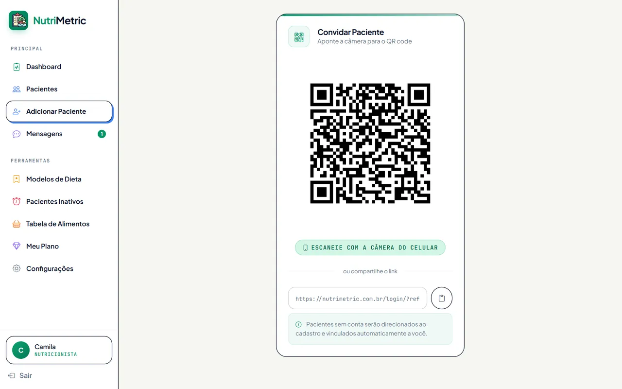 Tela: Paciente vinculado por QR Code