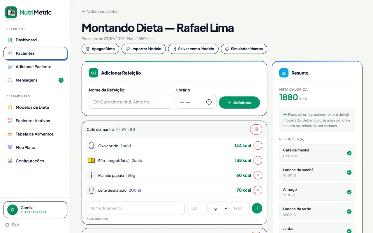 Tela: Dietas montadas em minutos